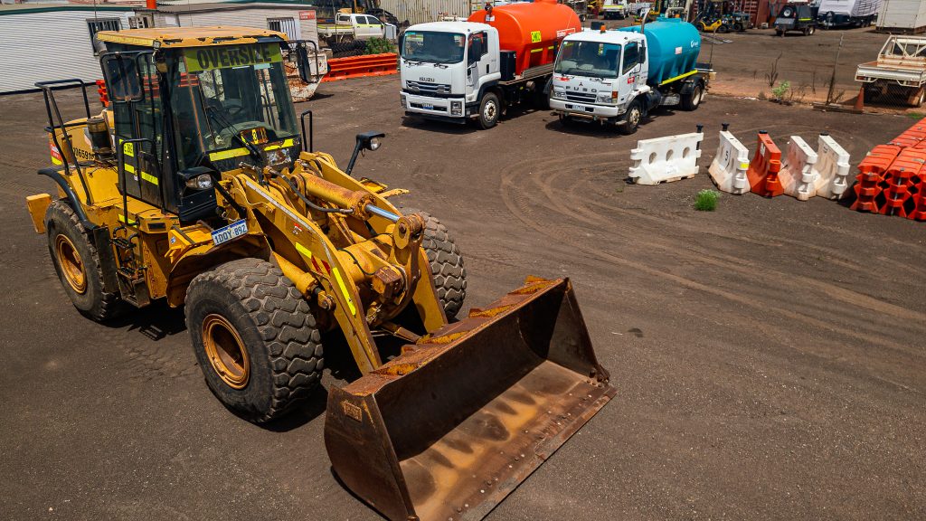 Overhead drone shot of a CAT 950H loader in Whyalla depot.