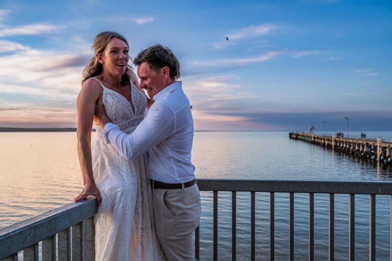 Bria and Taylor sunset wedding portrait on the Drift Streaky Bay deck