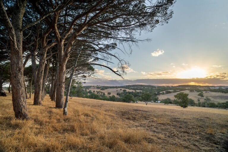 Drone sunset view of a Mount Barker Springs short-stay property and surrounding hills