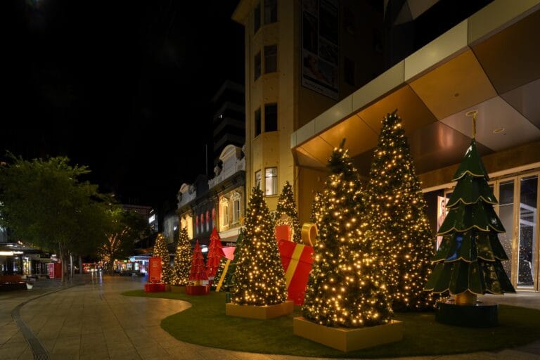 Visual Inspirations Christmas installation at Rundle Mall, finished Rundle Mall installation wide night context