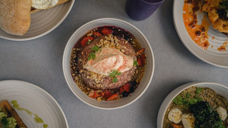 Styled brunch plates and coffees photographed for Our Place Coffee